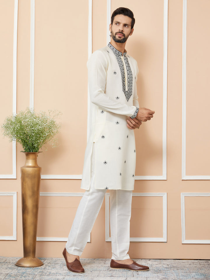 Cream Embroidered Chanderi Silk Straight Kurta with Pyjama