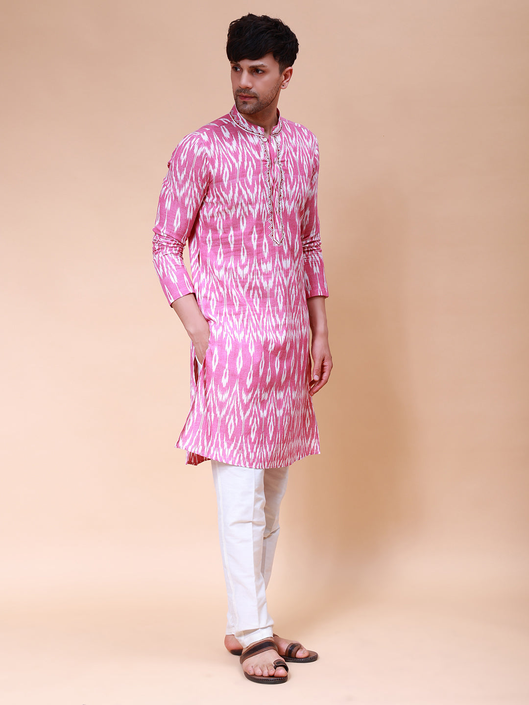 Printed Ikat Pure Cotton Straight Kurta with Embroidered Neck Design