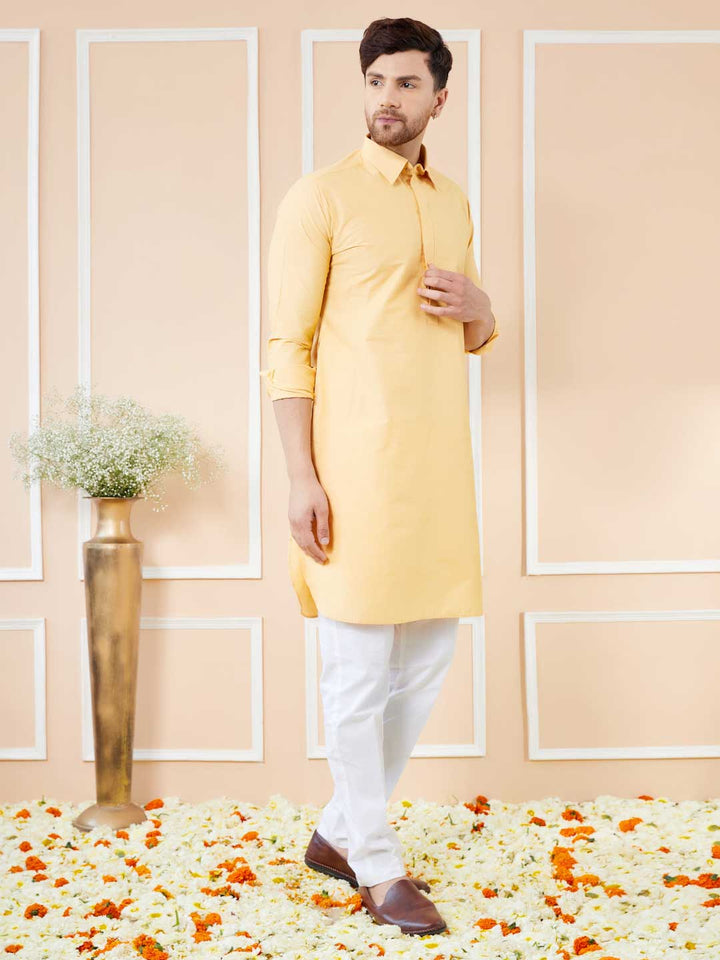 Yellow Cotton Solid Pathani Kurta with Pyjama