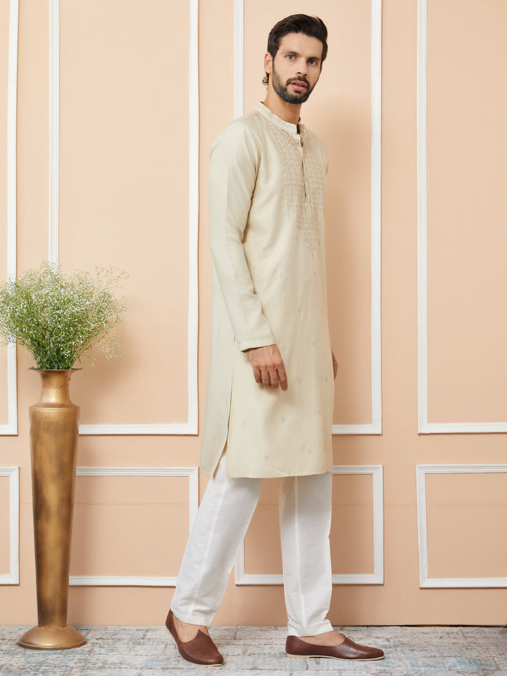 Beige Embroidered Zara Silk Straight Kurta