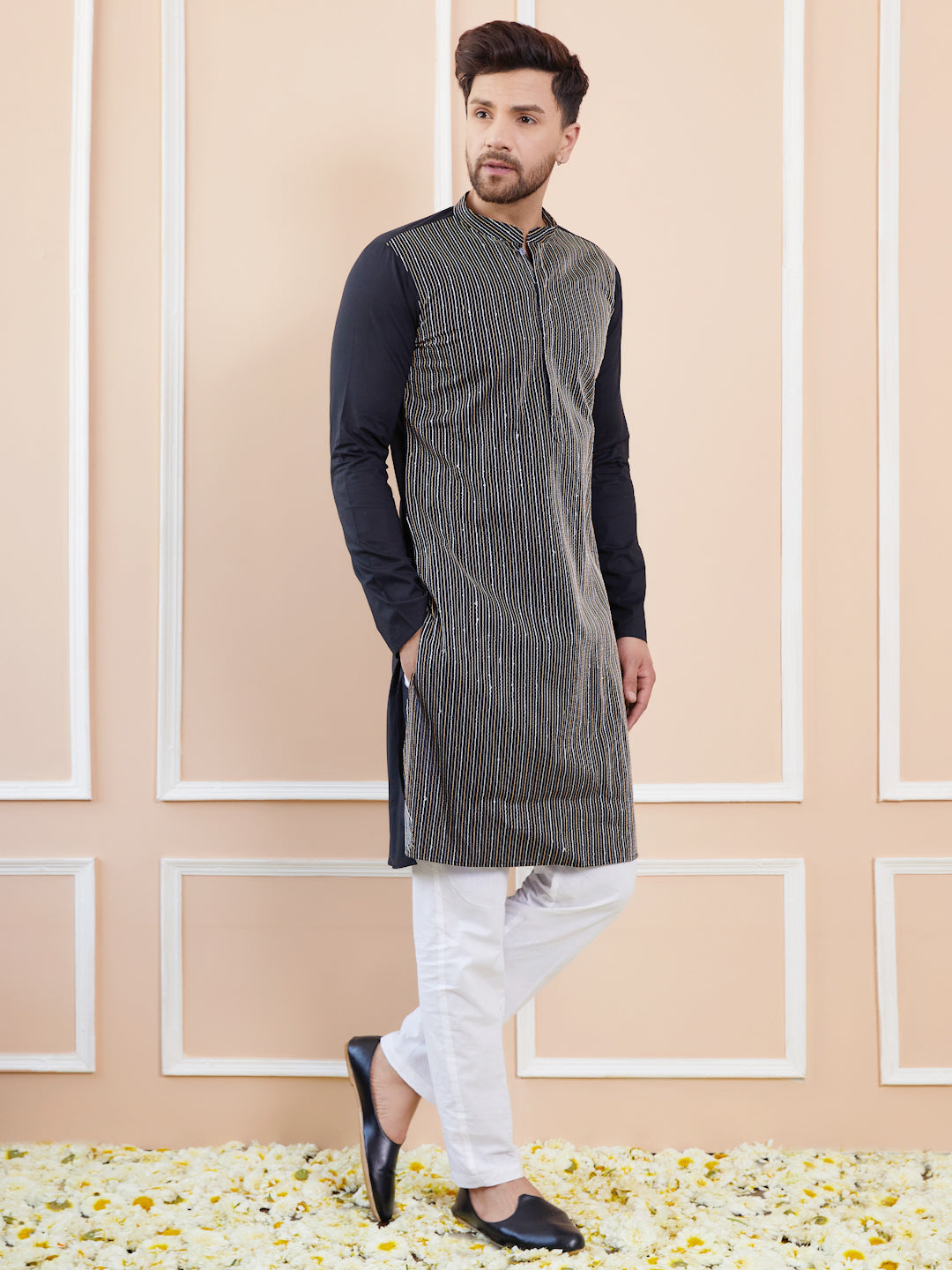 Black Sequins and Thread Worked Cotton Straight Kurta with Pyjama