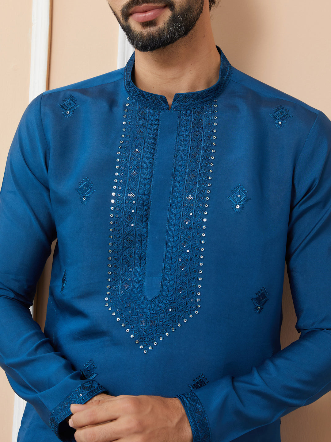 Dark Blue Embroidered Chanderi Silk Straight Kurta with Pyjama