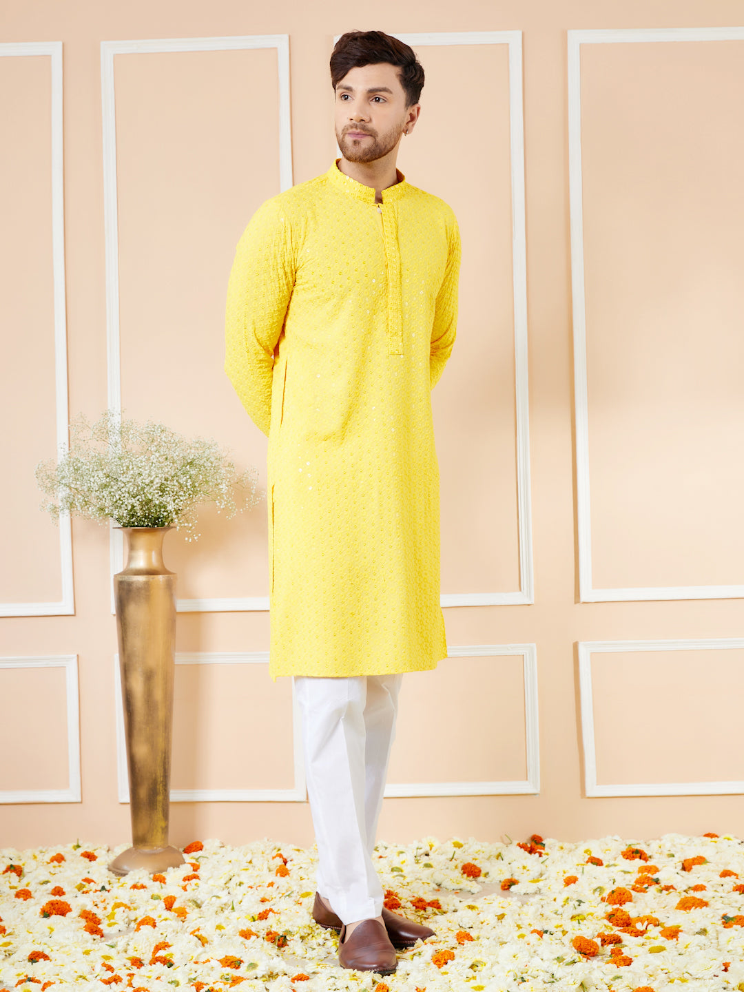 Yellow Sequins Embroidered Rayon Kurta