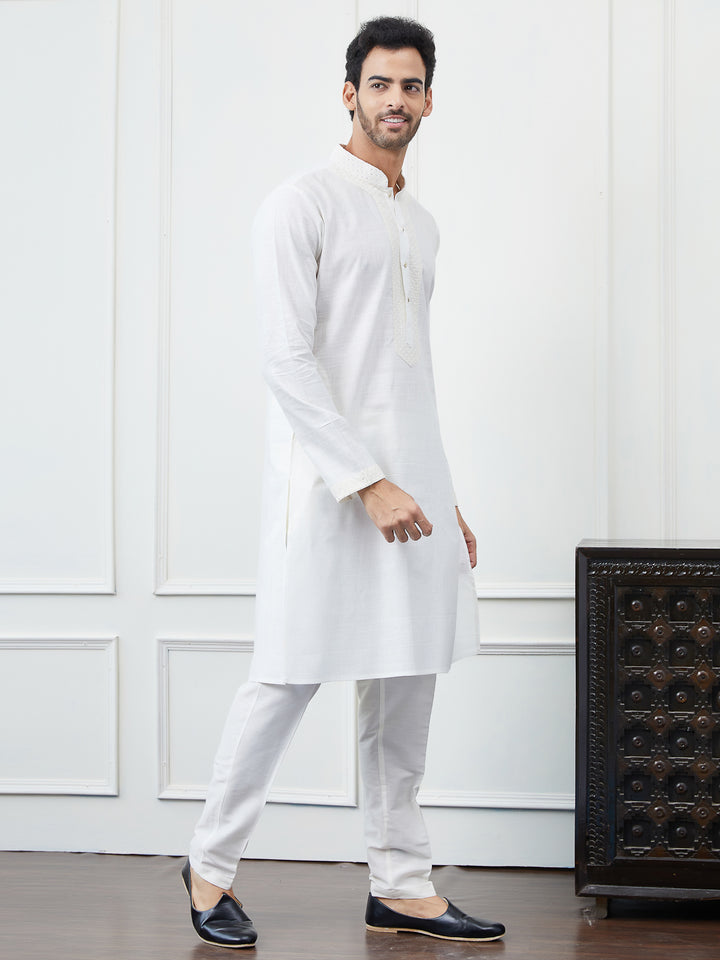 Solid Pure Cotton Straight Kurta with Embroidered Sequin Neck Design and Pyjama