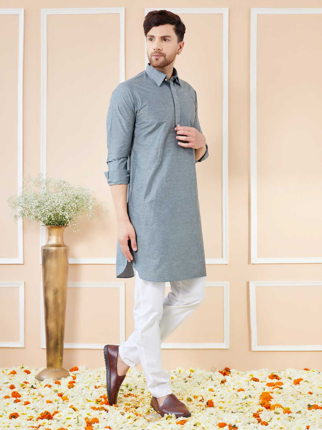 Grey Cotton Solid Pathani Kurta