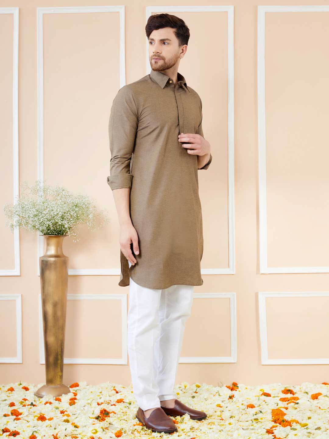 Brown Cotton Solid Pathani Kurta