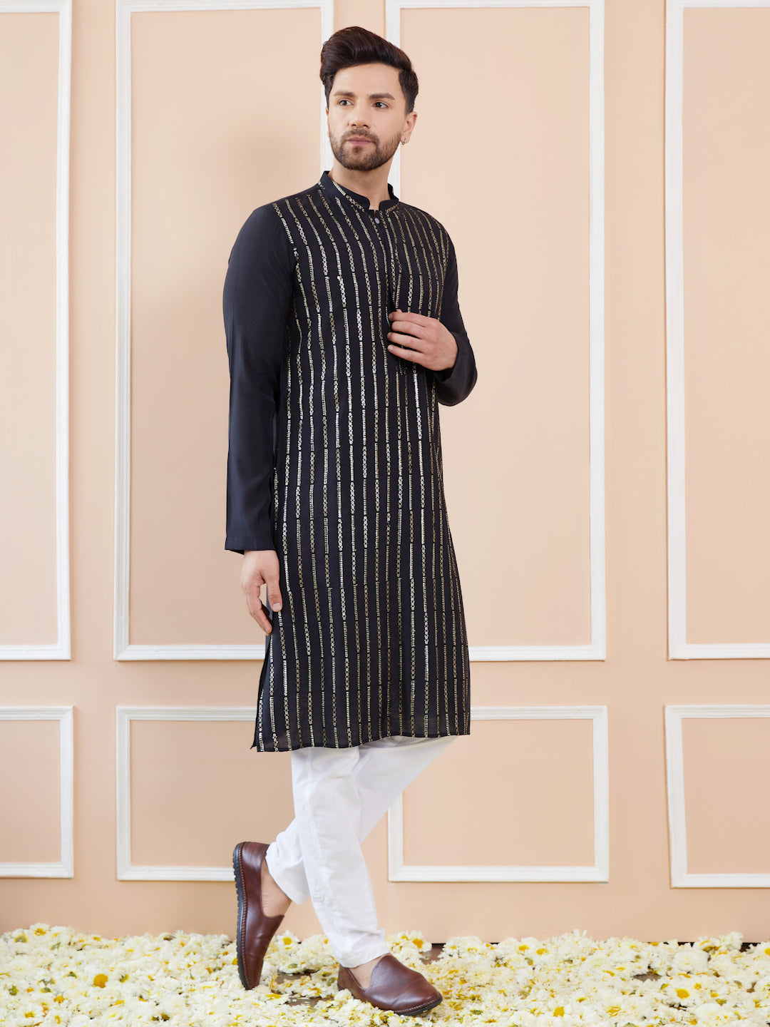 Men Black and Gold Sequins Embroidered Chanderi Silk Straight Kurta With Pyjama