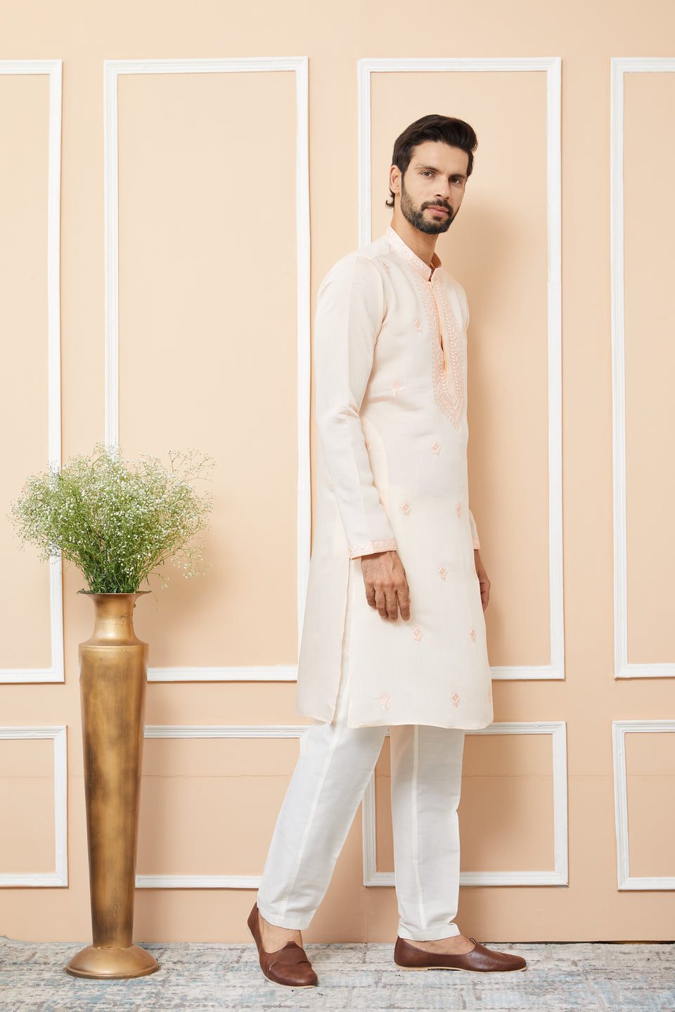 Peach Embroidered Chanderi Silk Straight Kurta with Pyjama