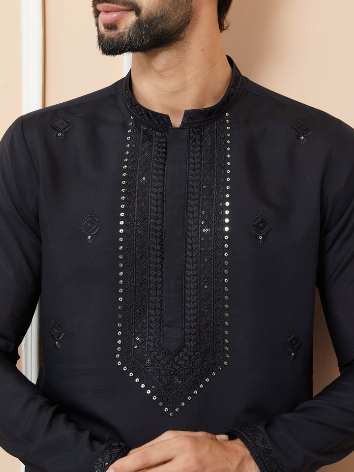 Black Embroidered Chanderi Silk Straight Kurta