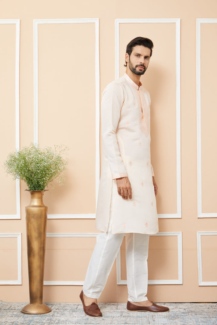 Peach Embroidered Chanderi Silk Straight Kurta