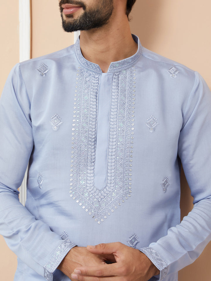 Blue Embroidered Chanderi Silk Straight Kurta