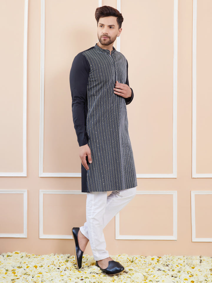 Black Sequins and Thread Worked Cotton Straight Kurta