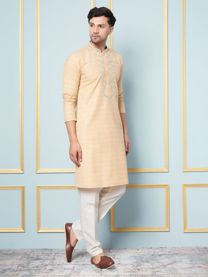 Pure Cotton Straight Kurta with Embroidered Neck Design and Pyjama