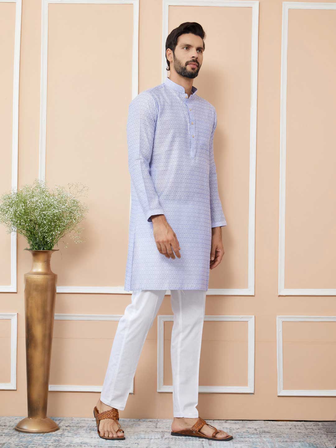 Periwinkle Blue Ethnic Motifs Silk Jacquard Woven Design Straight Kurta with Pyjama