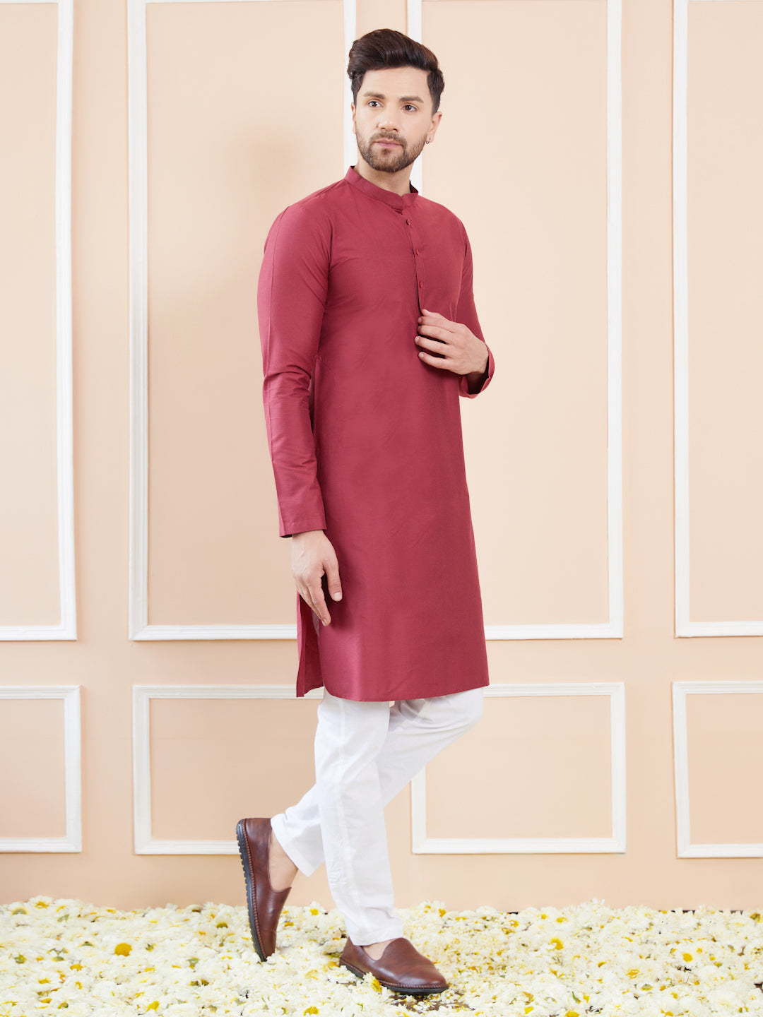 Maroon Cotton Solid Straight Kurta with Pyjama