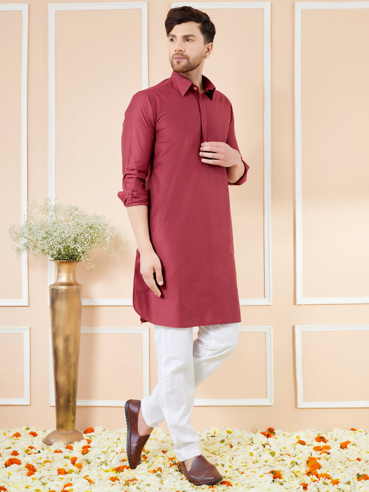 Red Cotton Solid Pathani Kurta with Pyjama