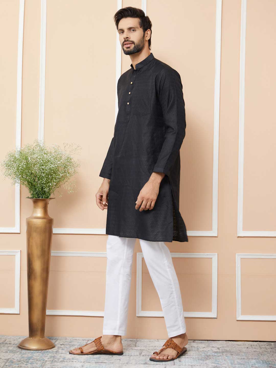 Black Ethnic Motifs Silk Jacquard Woven Design Straight Kurta