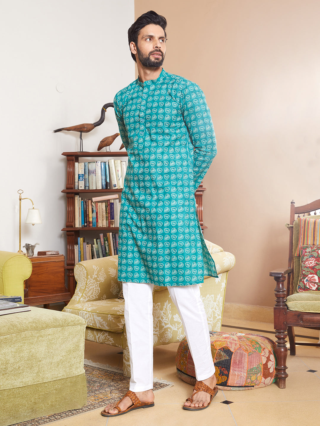 Leaf Printed Pure Cotton Straight Kurta with Pyjama