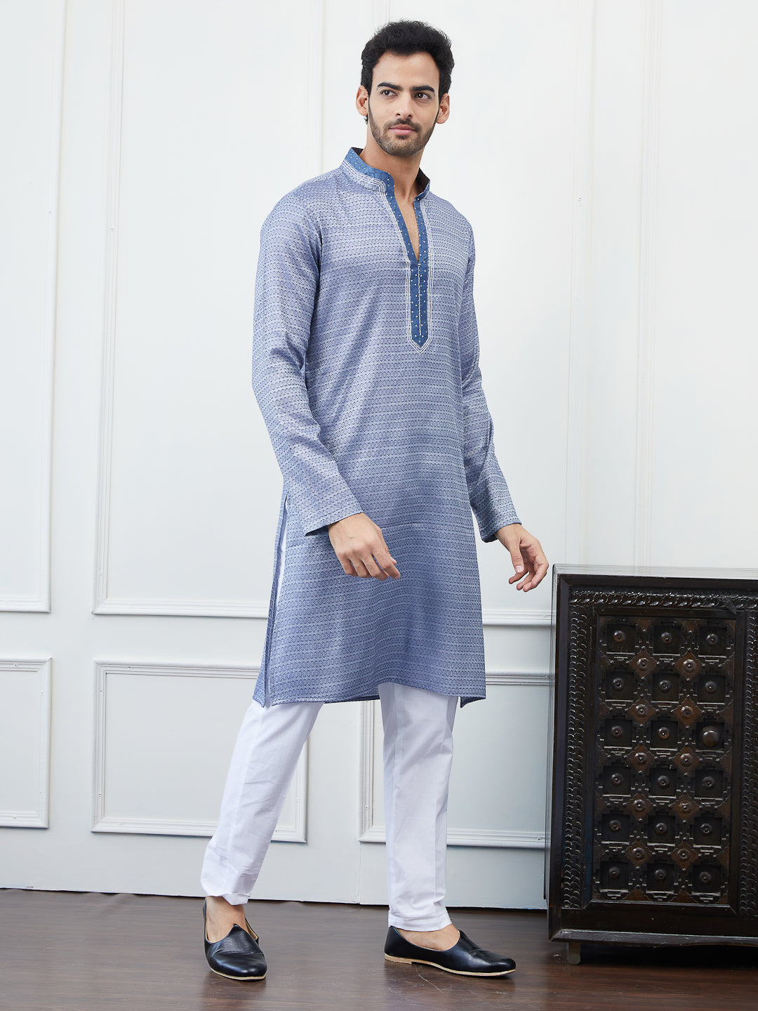 Thread Worked Pure Cotton Straight Kurta With Embroidered Sequin Neck Design