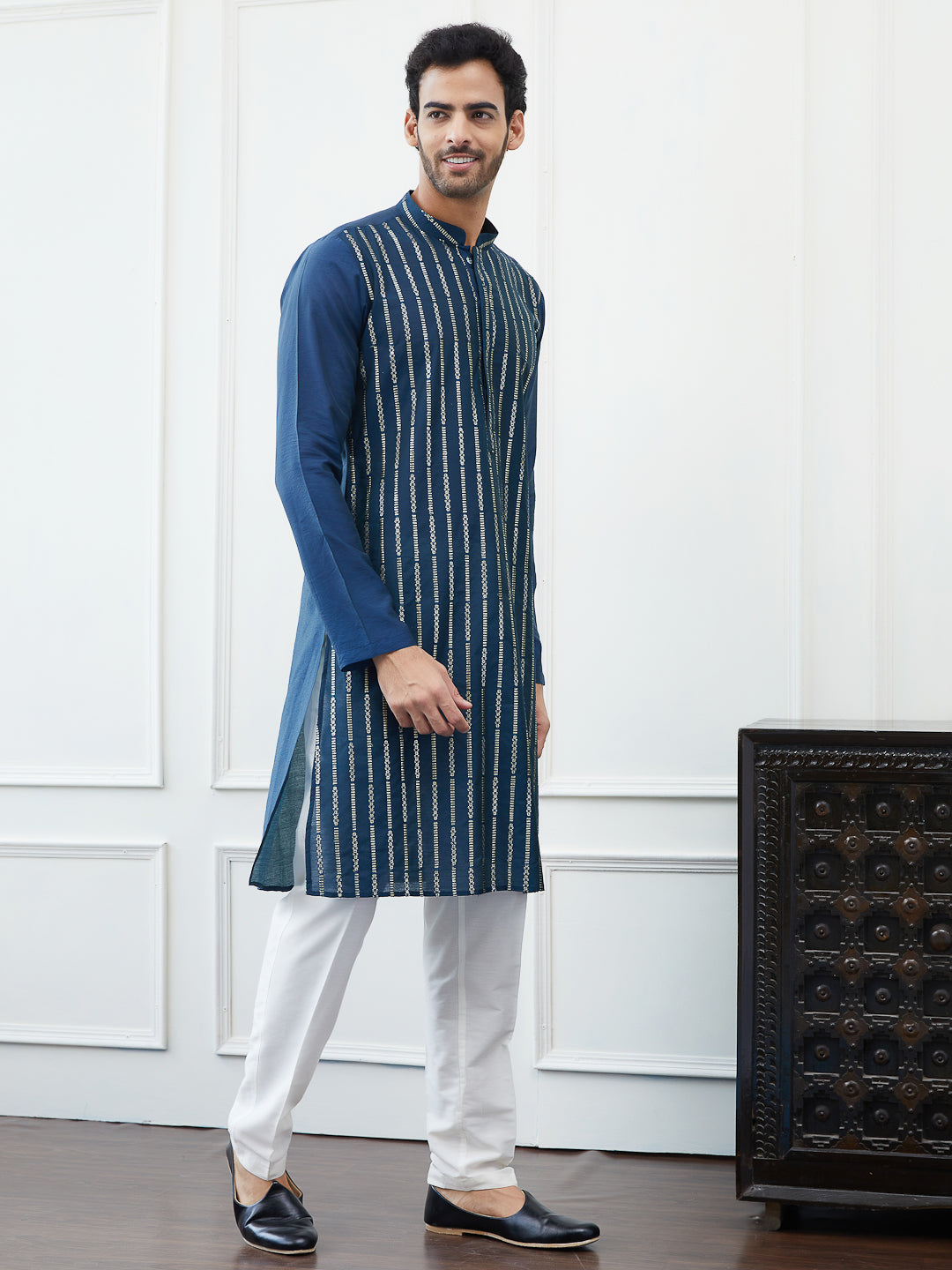 Embroidered Sequin Worked Chanderi Silk Straight Kurta with Pyjama