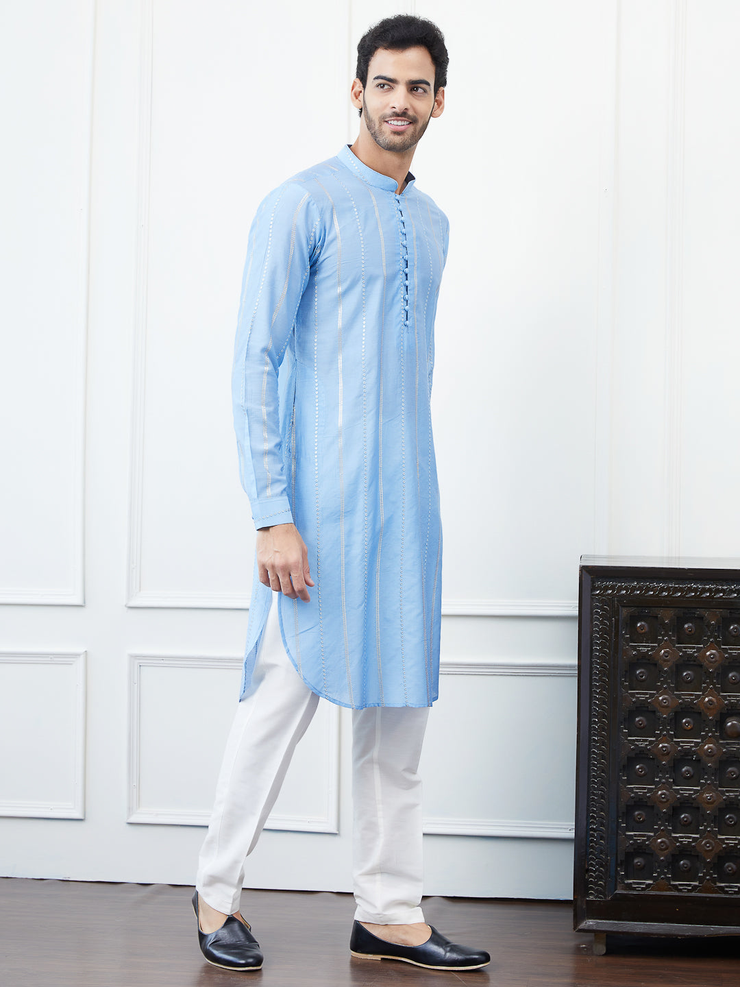 Sequins Embroidered Chanderi Silk Straight Kurta with Pyjama