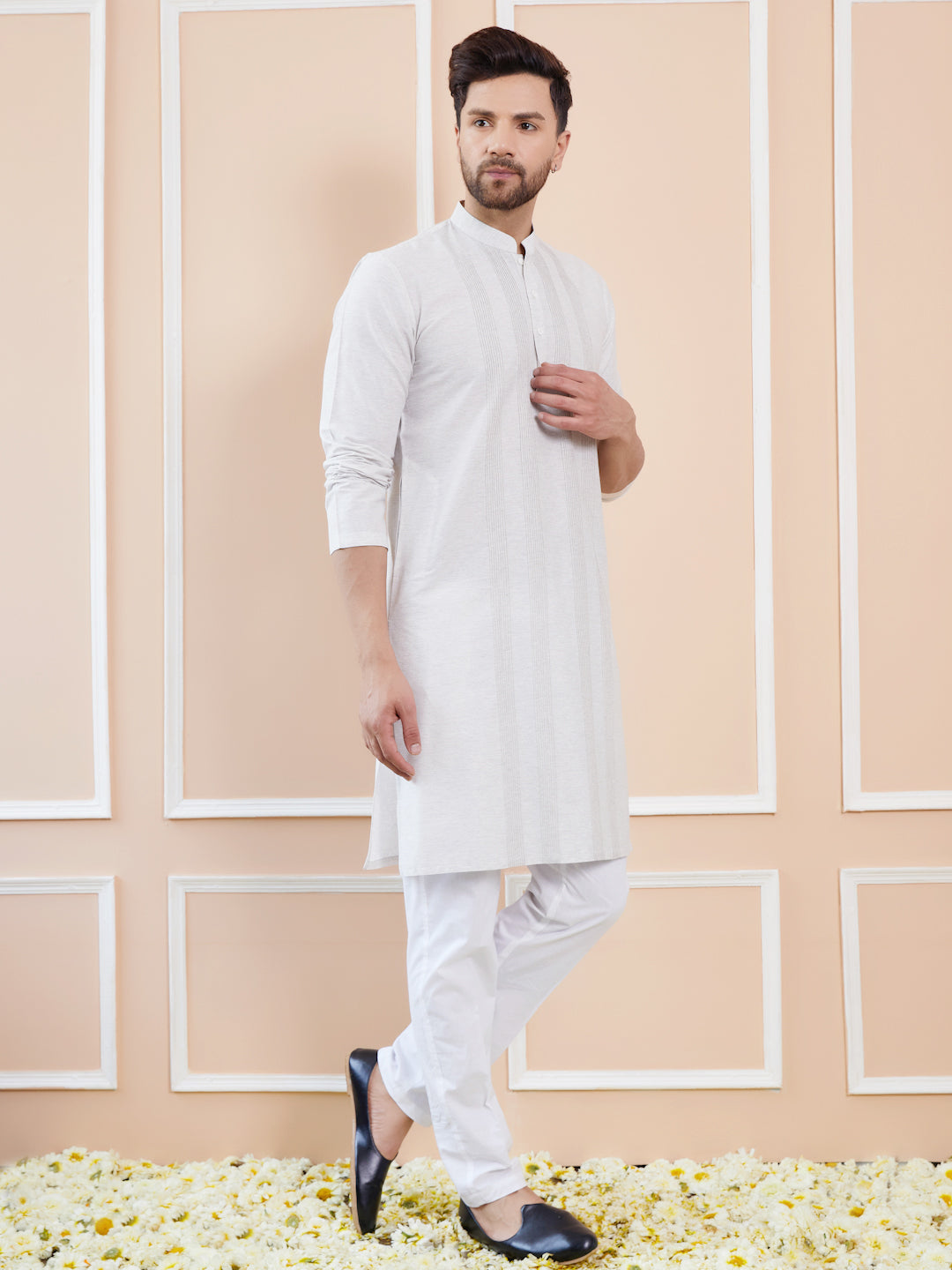 Men Off White Pintex Worked Cotton Silk Straight Kurta With Pyjama