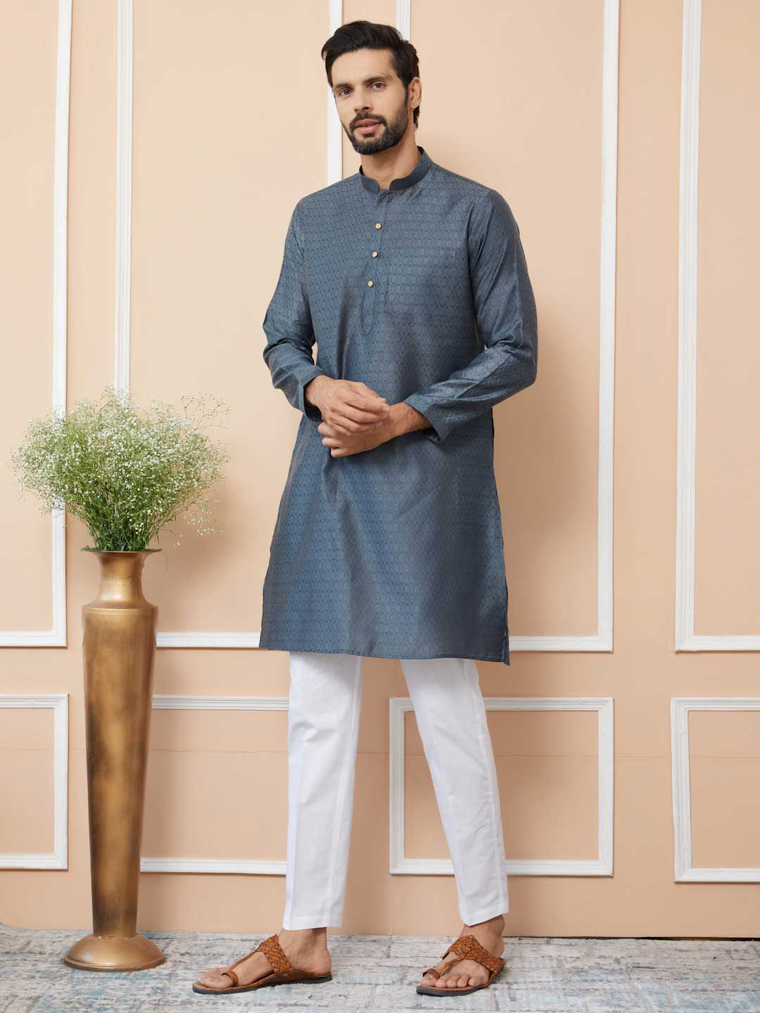 Charcoal Grey Ethnic Motifs Silk Jacquard Woven Design Straight Kurta with Pyjama