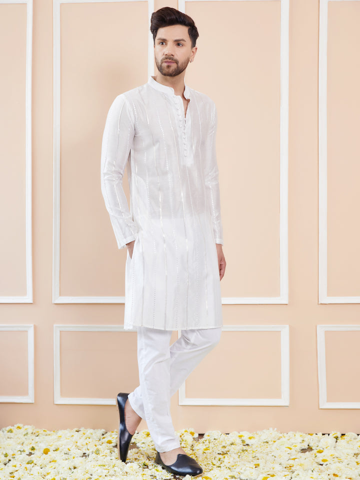 White Sequins Embroidered Pure Chanderi Silk Straight Kurta