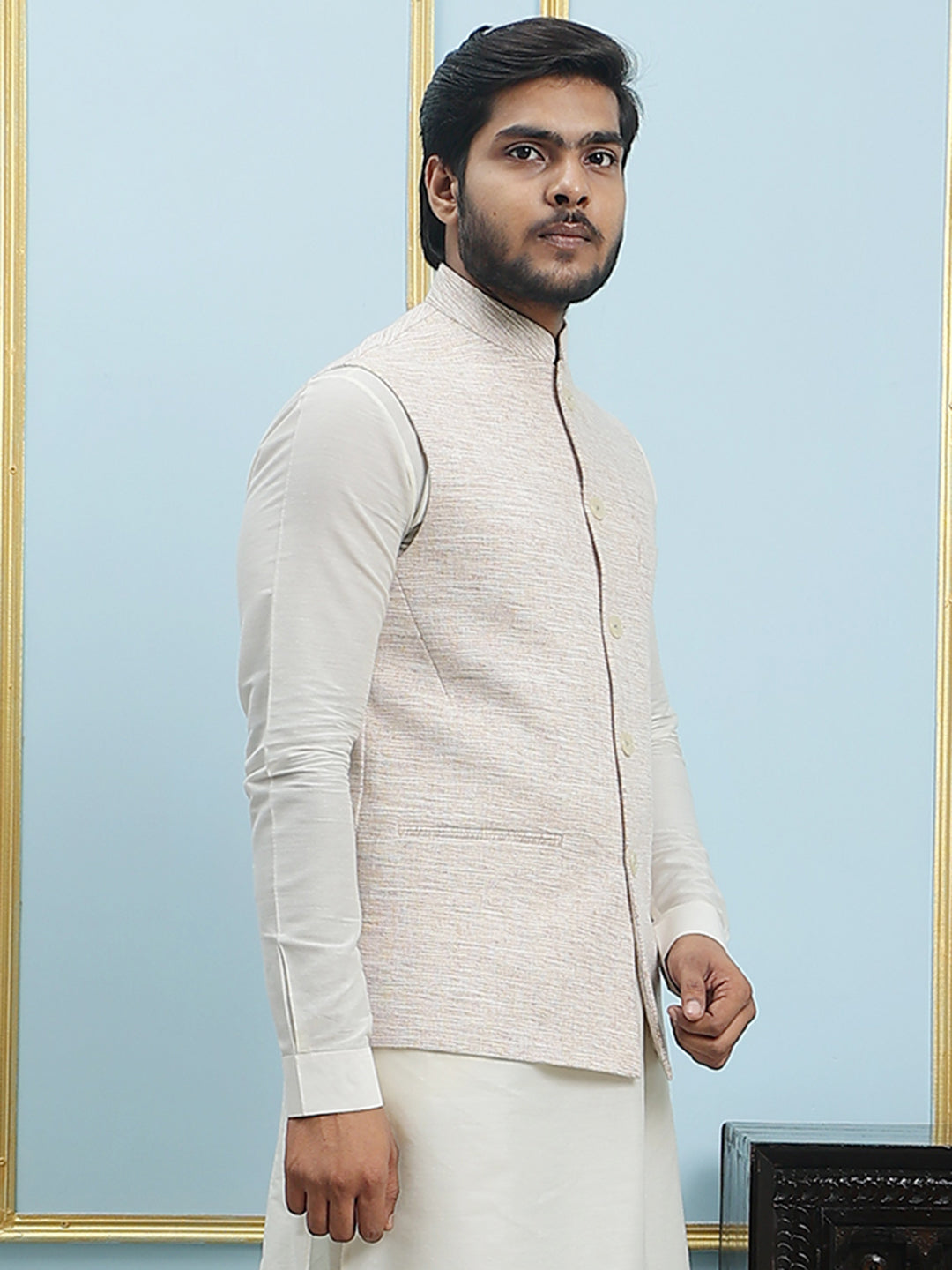 Pure Silk Straight Kurta & Pyjama Set with Handwoven Nehru Jacket