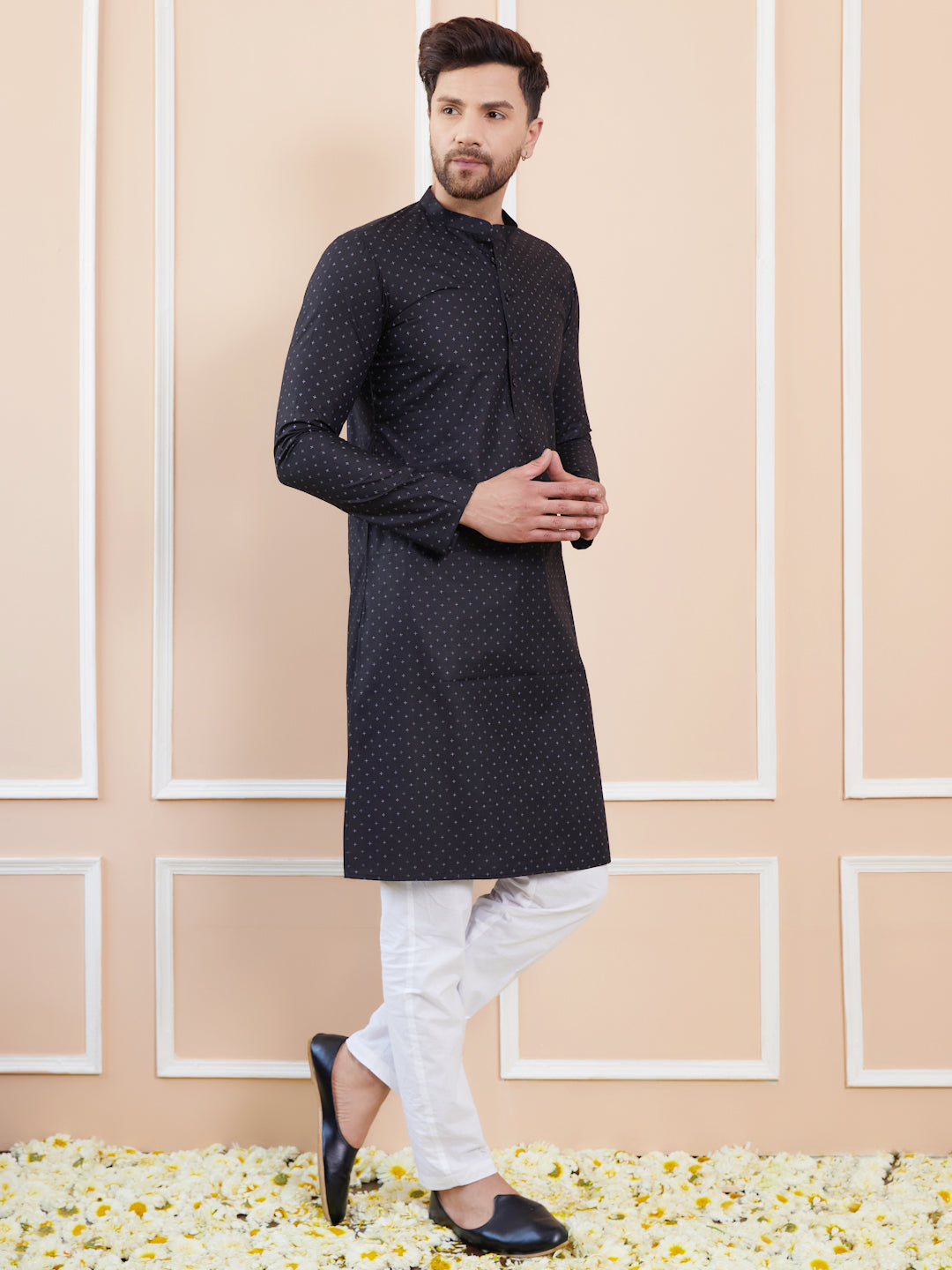 Black Printed Cotton Straight Kurta