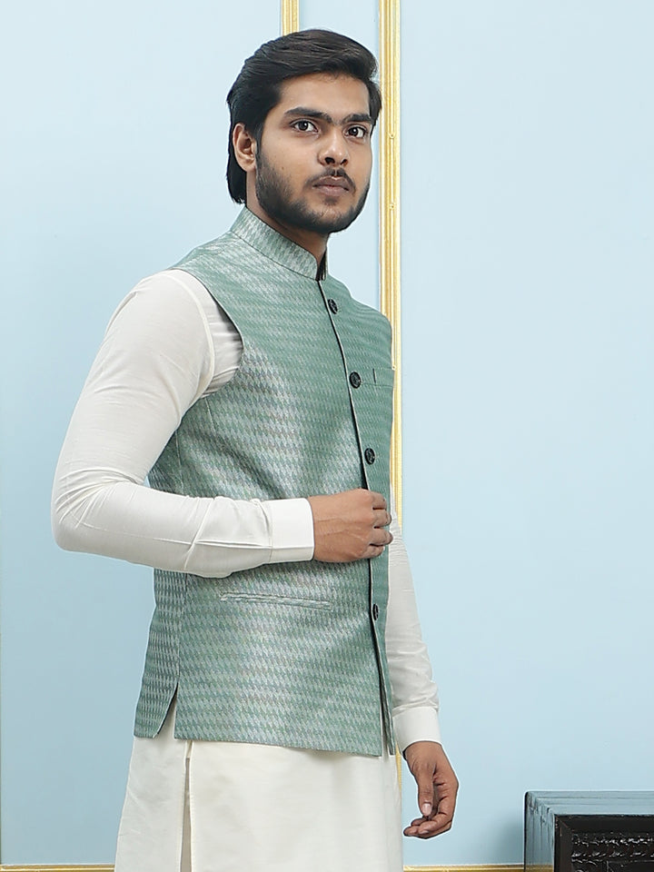 Pure Silk Kurta & Pyjama with Woven Jacquard Nehru Jacket