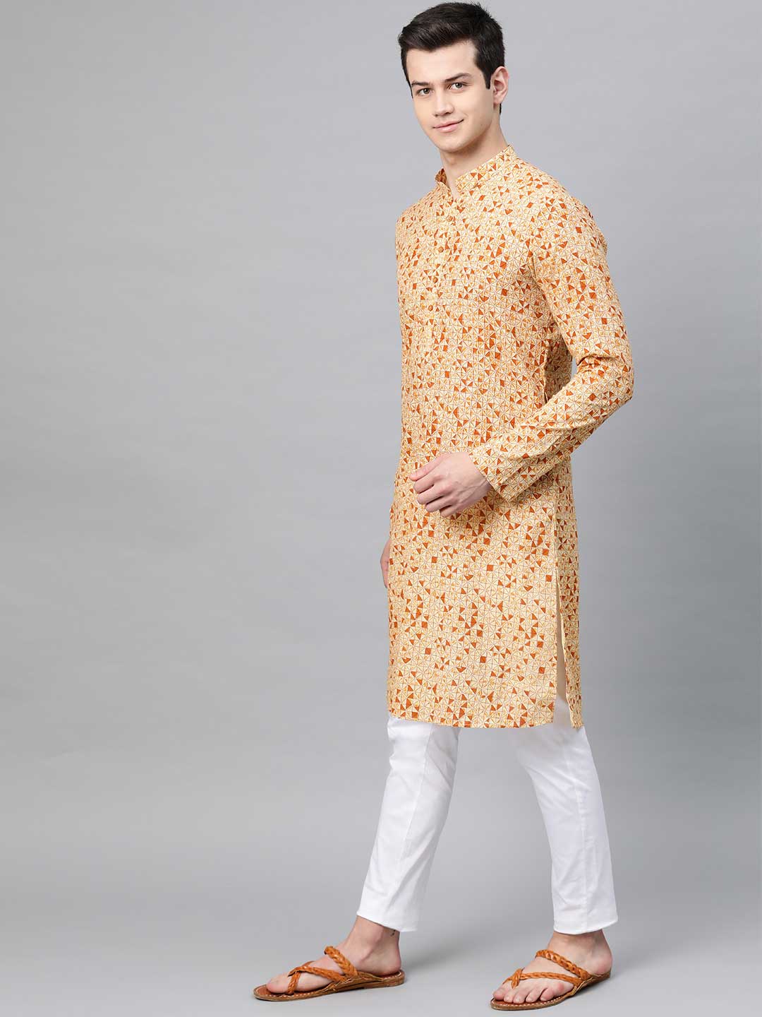 Cream-Rust Printed Cotton Straight Kurta