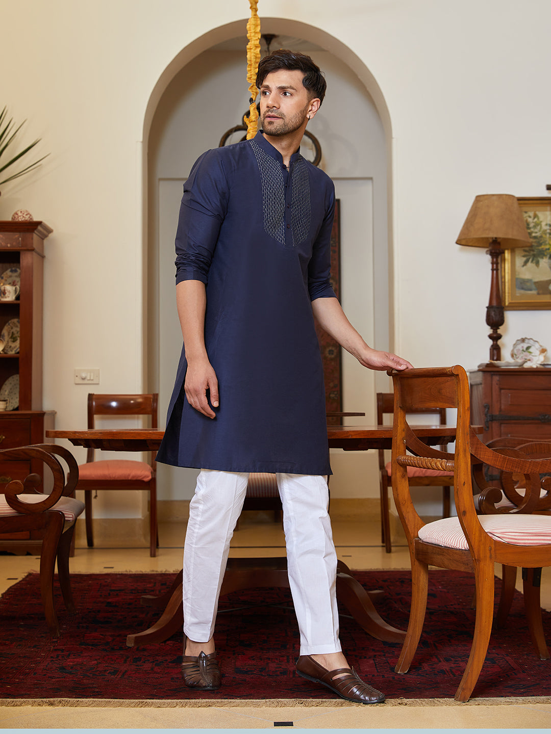 Pintuck Yoke Cotton Silk Straight Kurta with Pyjama