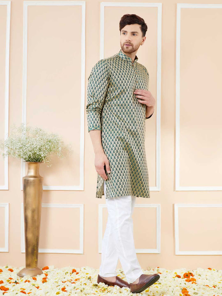 Green Ethnic Motifs Silk Jacquard Woven Design Straight Kurta