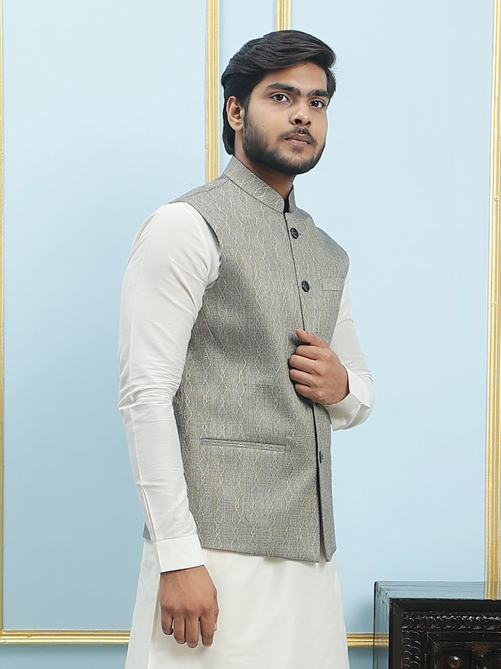 Pure Silk Kurta & Pyjama with Woven Jacquard Nehru Jacket