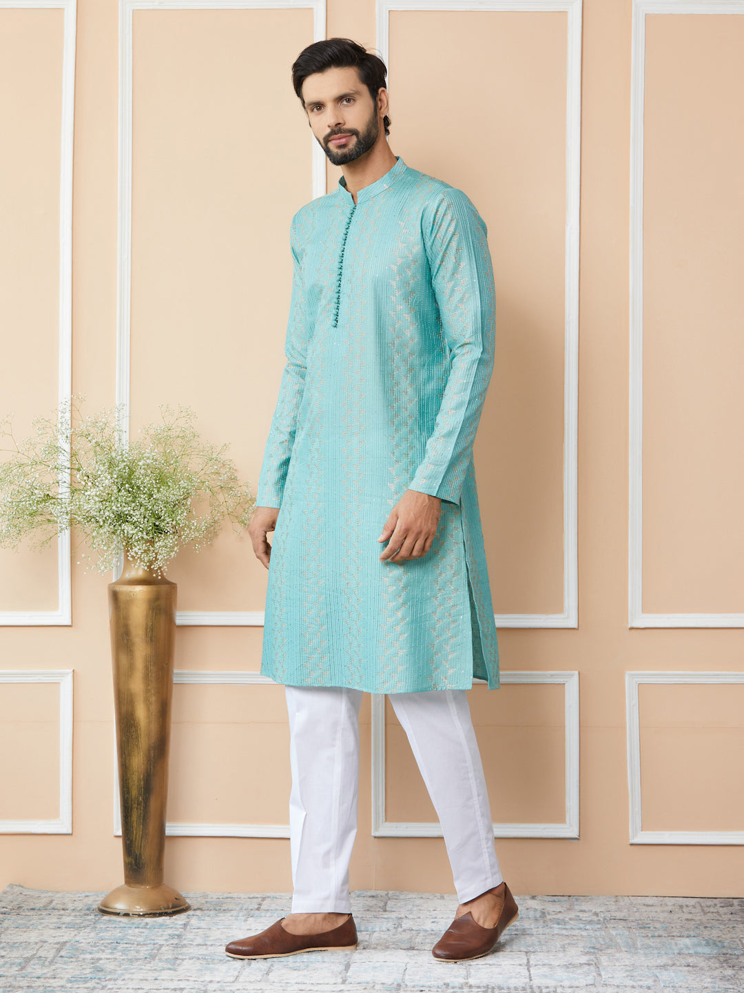 Ice Green Embroidered Thread Work Sequinned Chanderi Silk Straight Kurta with Pyjama