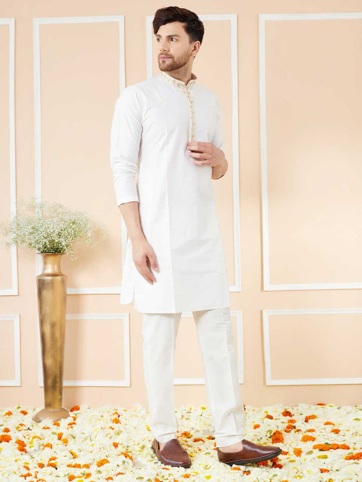 Cream Solid Cotton Straight Kurta with Emboridered neckline