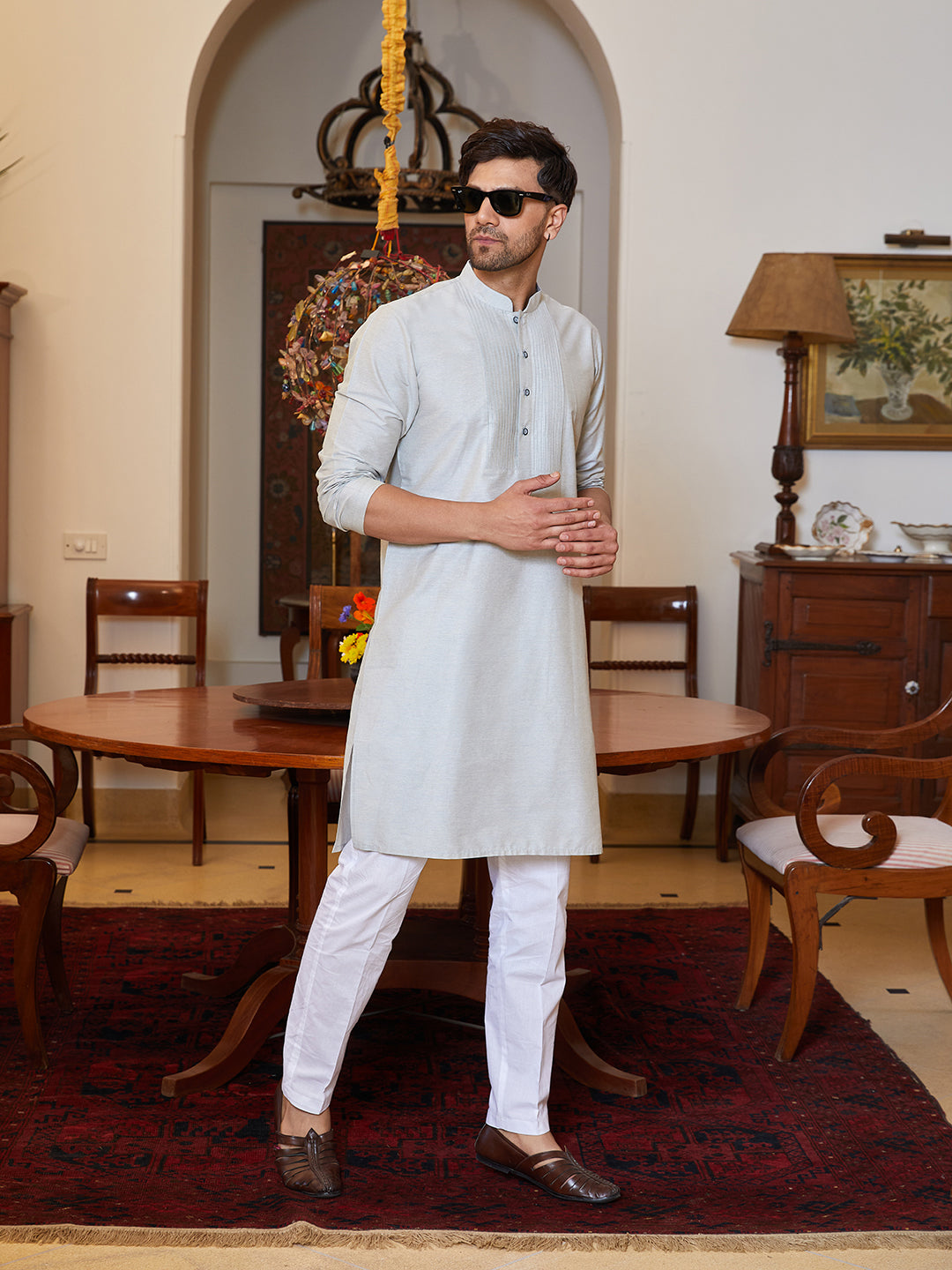 Pintuck Yoke Cotton Silk Straight Kurta with Pyjama