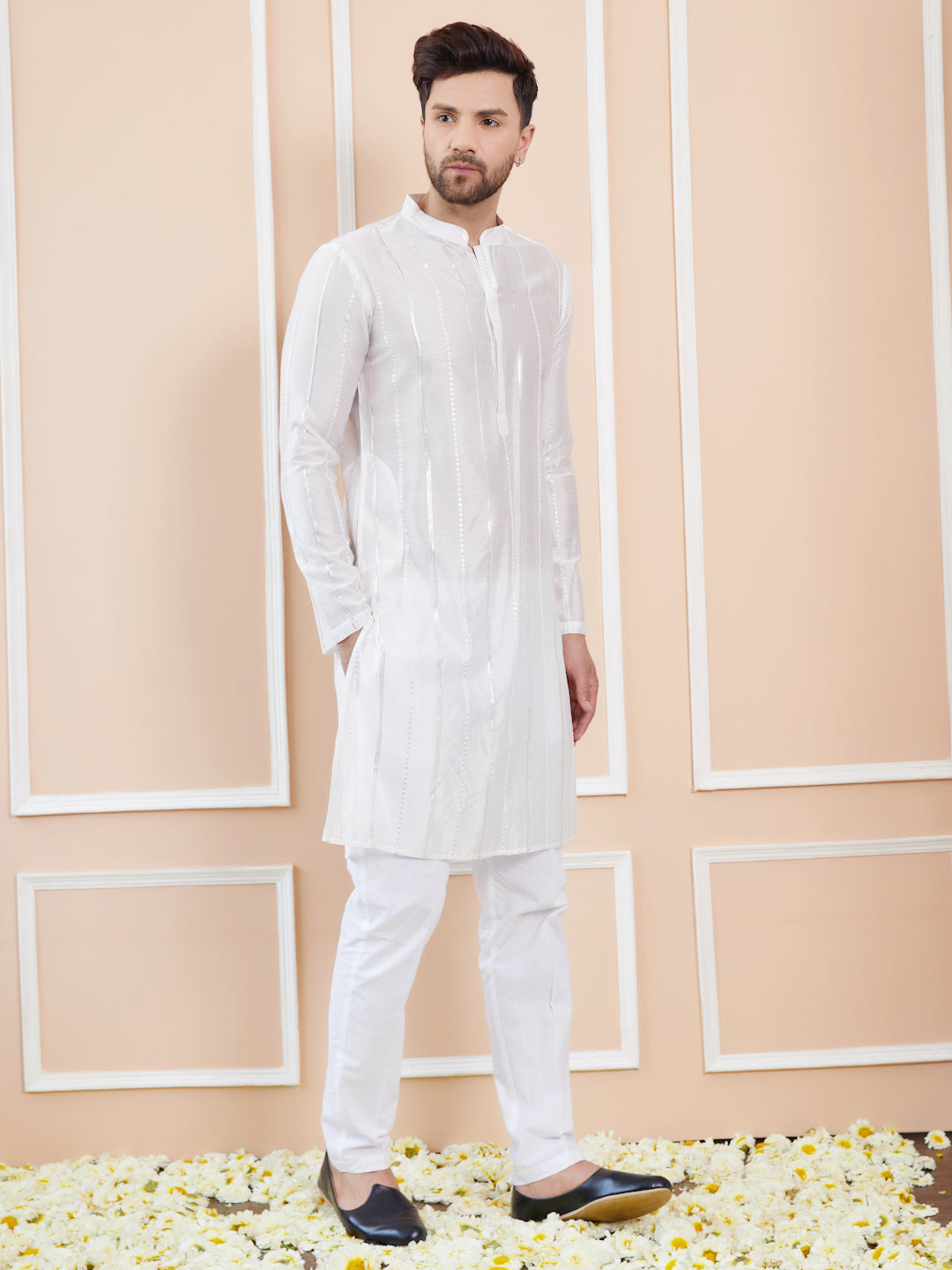 White Sequins Embroidered Pure Chanderi Silk Straight Kurta