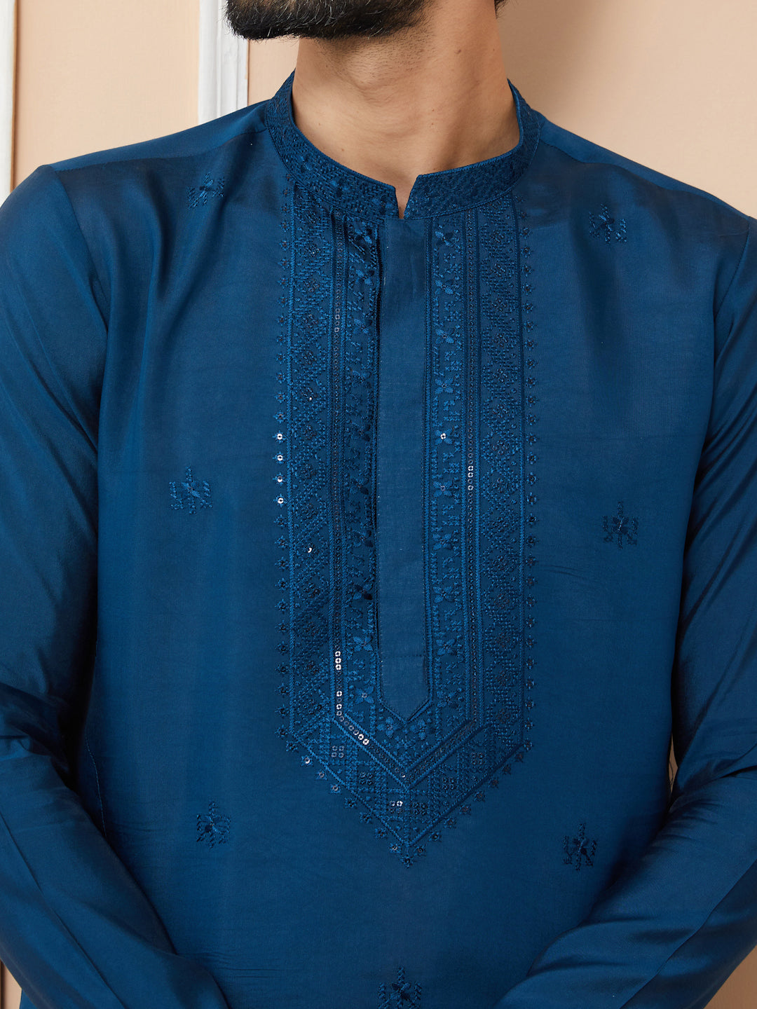 Navy Blue Embroidered Chanderi Silk Straight Kurta