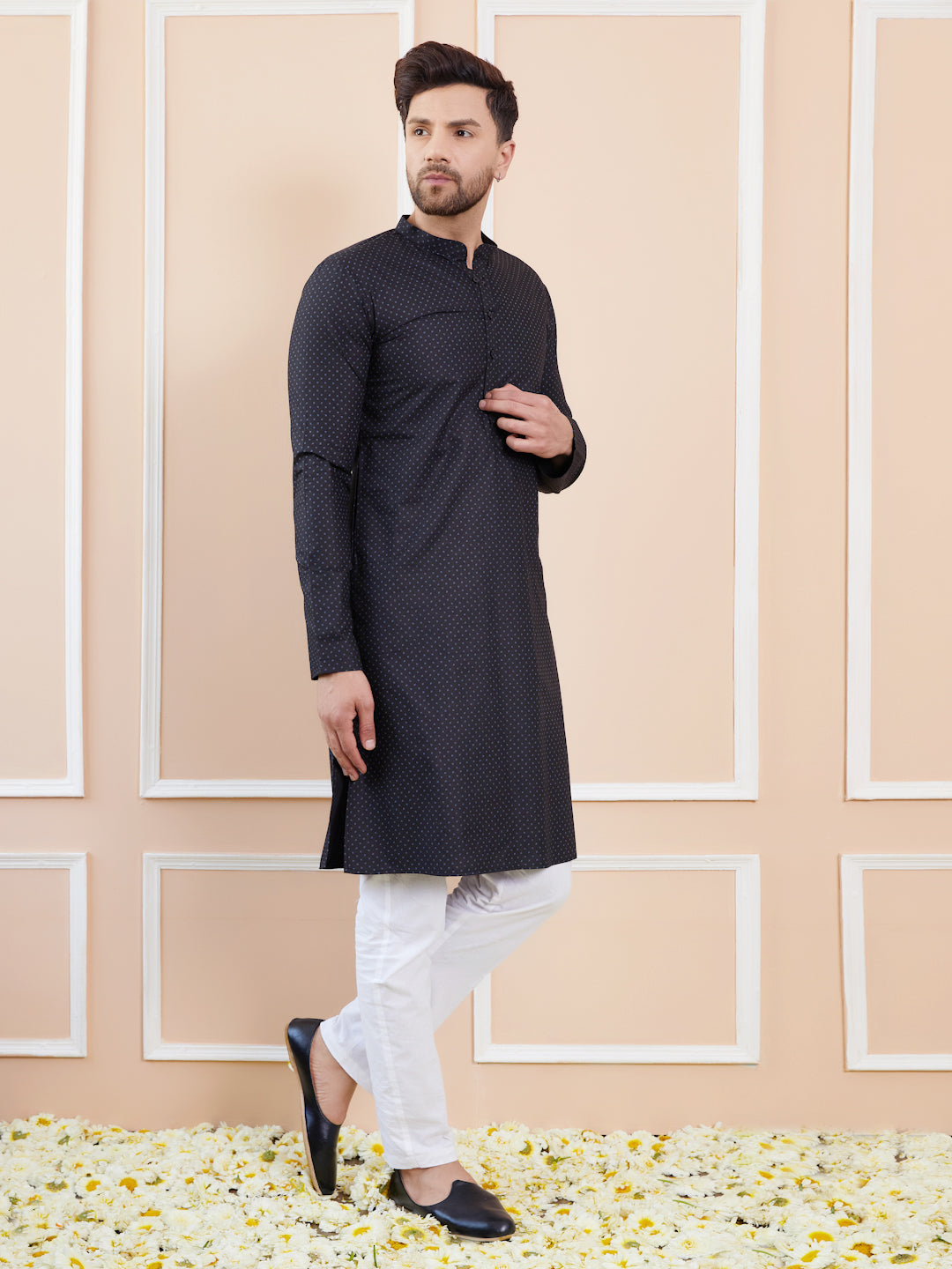 Black Printed Cotton Straight Kurta