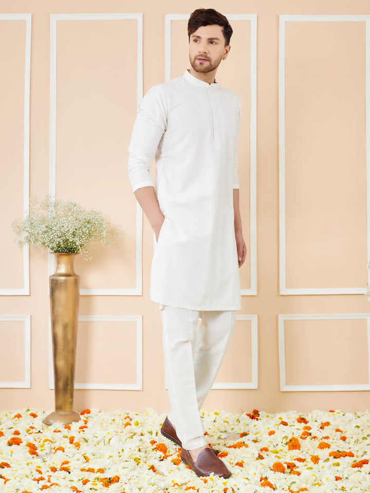 White Pintuck Worked Cotton Solid Straight Kurta with Pyjama