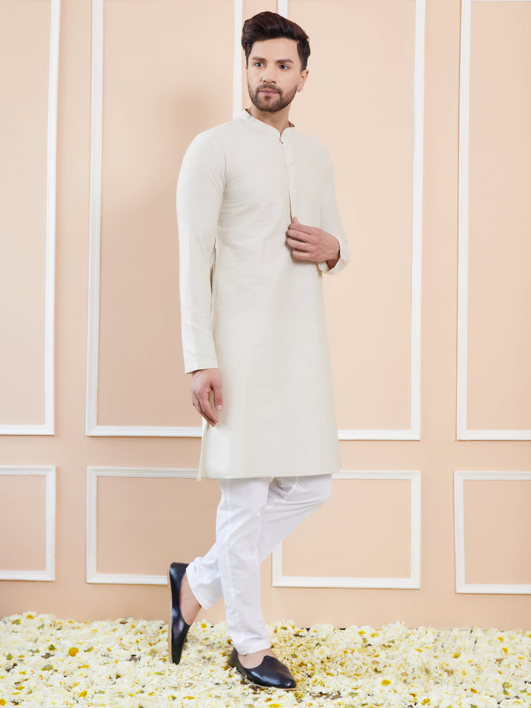 Cream Cotton Solid Straight Kurta with Pyjama