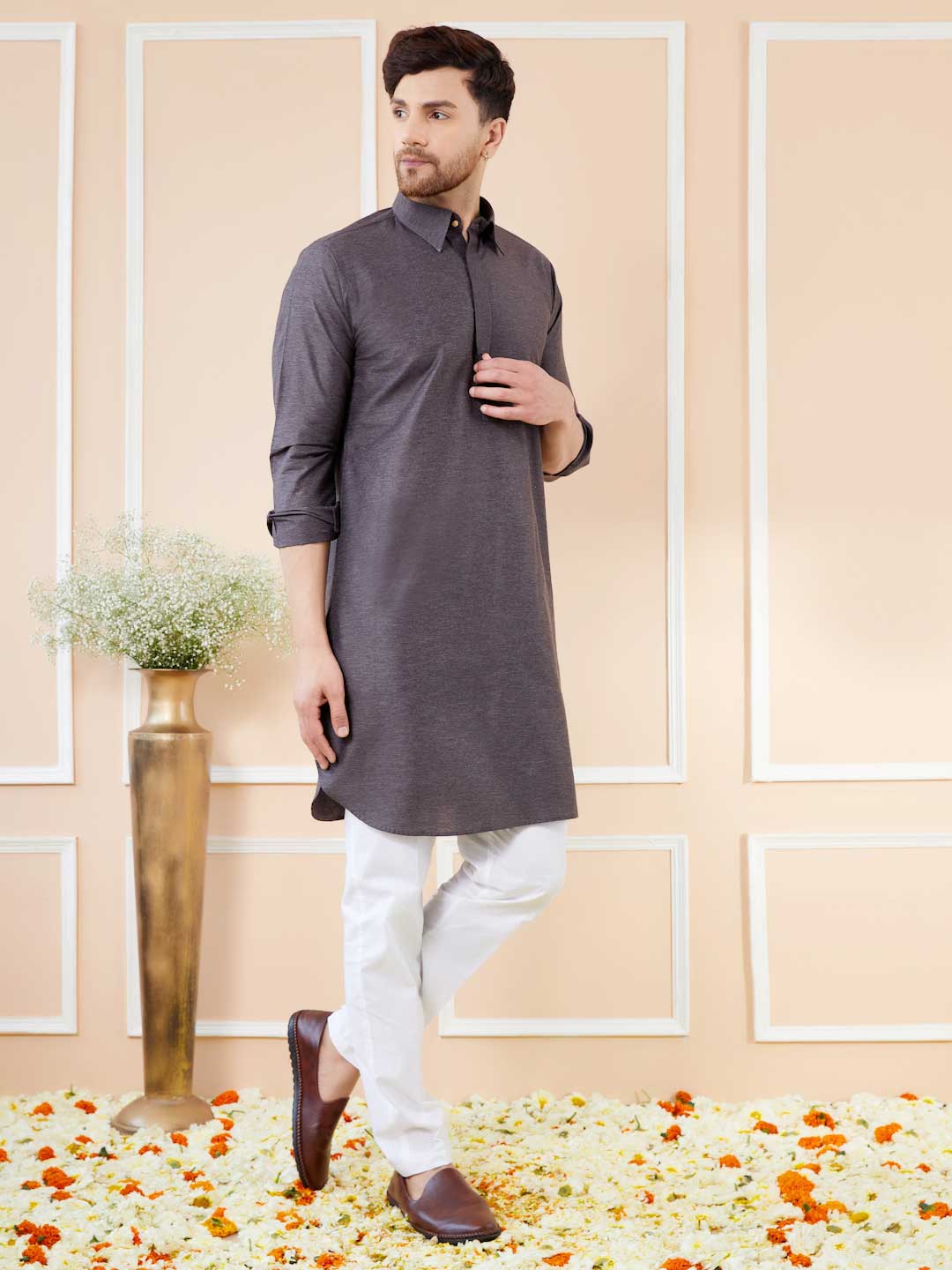 Grey Cotton Solid Pathani Kurta