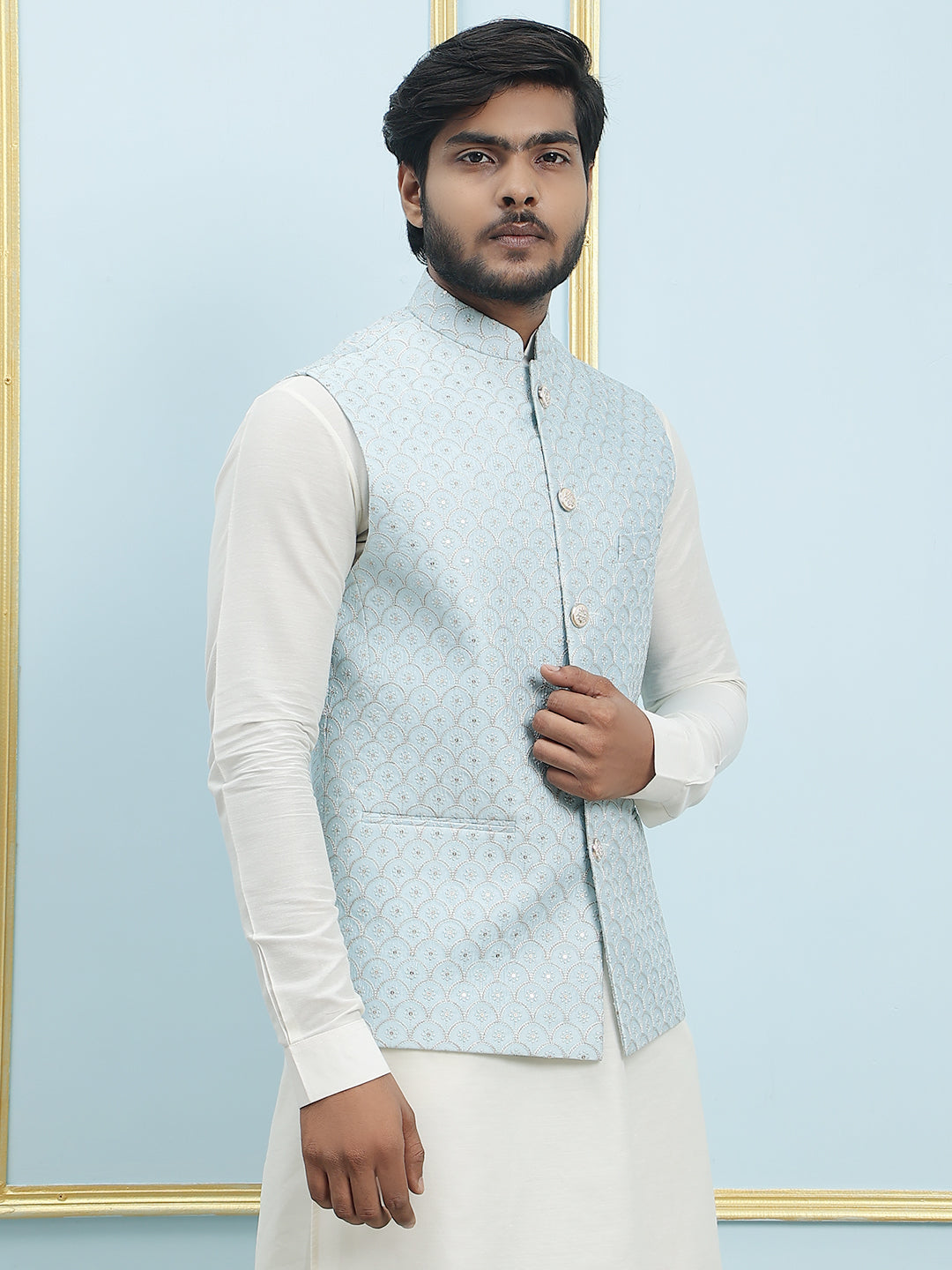 Pure Silk Kurta & Pyjama with Sequins Embroidered Nehru Jacket