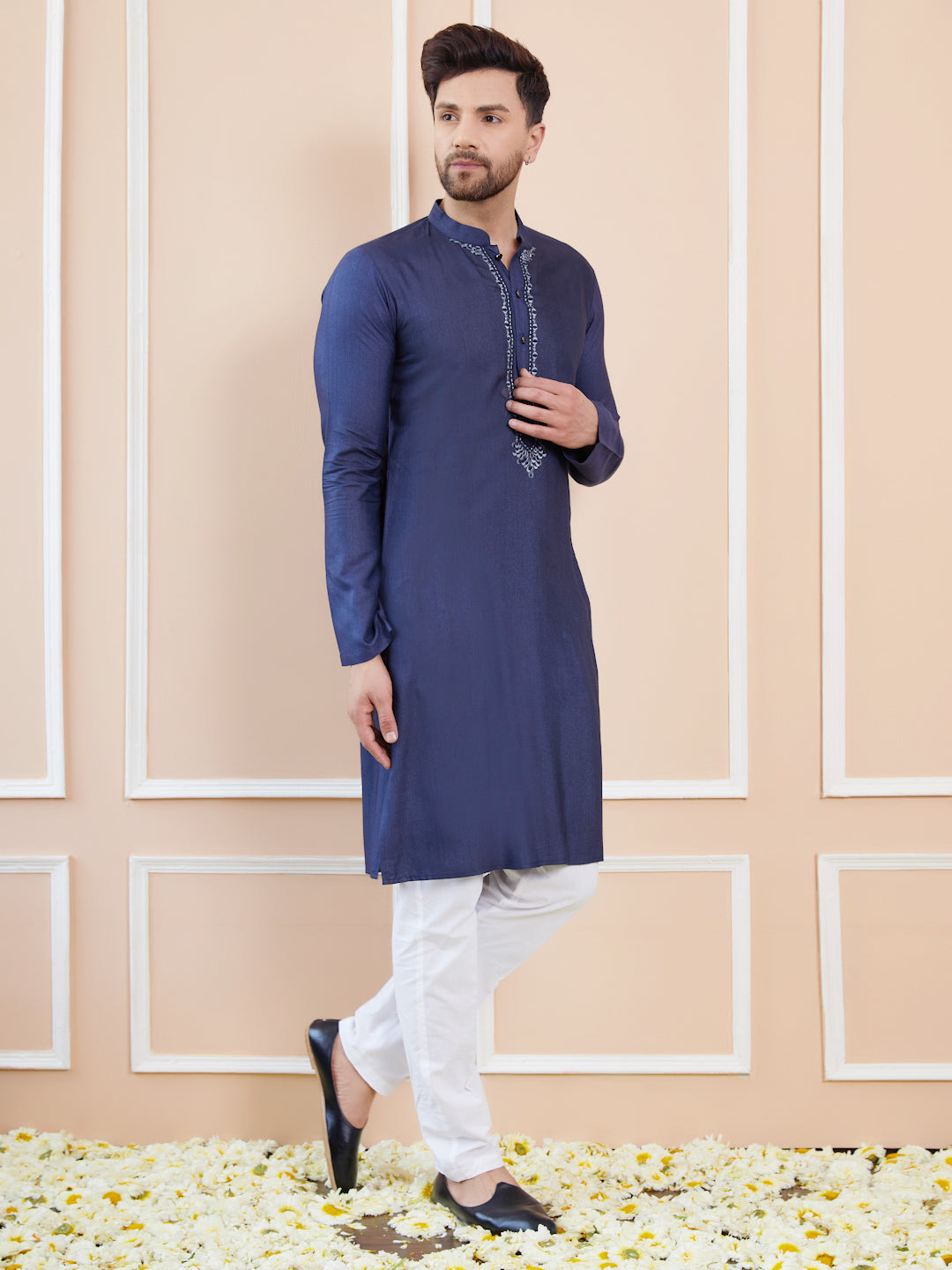 Blue Cotton Solid Straight Kurta with Embroidered Neckline