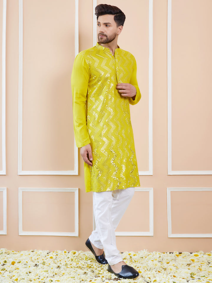 Men Lime Green Sequins Embroidered Chanderi Silk Straight Kurta