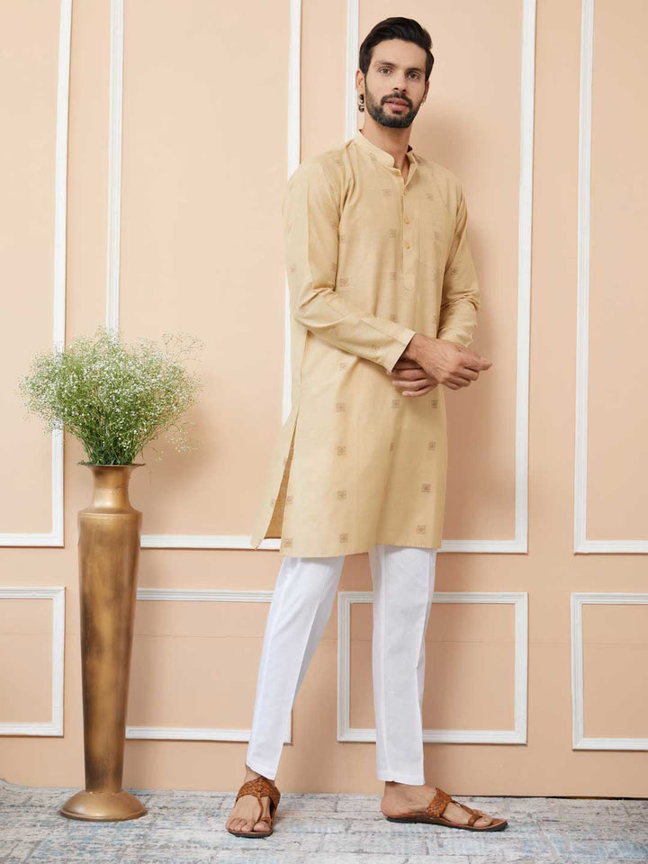 Beige Cotton Handloom motifs Straight Kurta