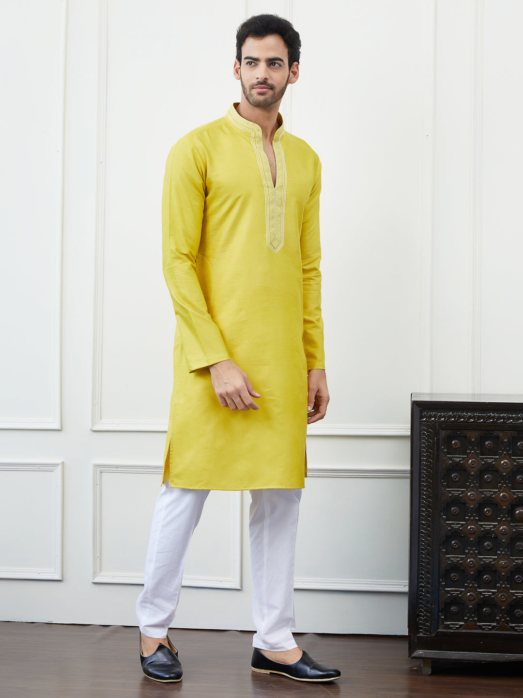 Solid Pure Cotton Straight Kurta with Embroidered Sequin and Thread worked Neck Design and Pyjama