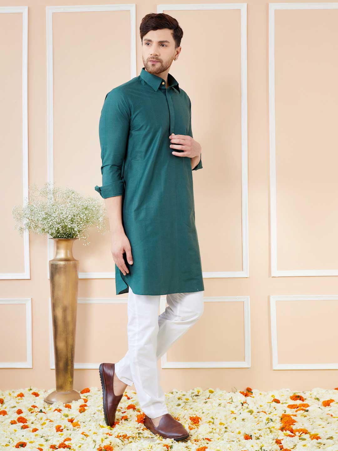 Green Cotton Solid Pathani Kurta with Pyjama